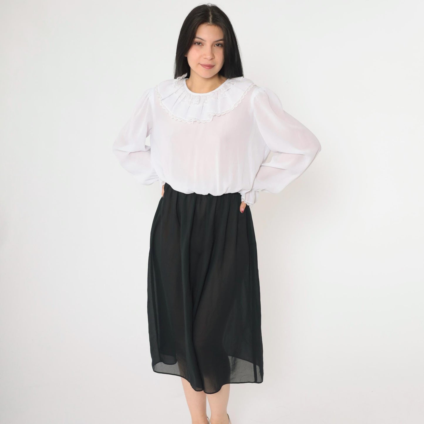80s Susan Hlavacek Ruffled Collar Midi Dress Black White Semi-Sheer Small Medium