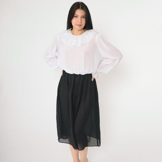80s Susan Hlavacek Ruffled Collar Midi Dress Black White Semi-Sheer Small Medium