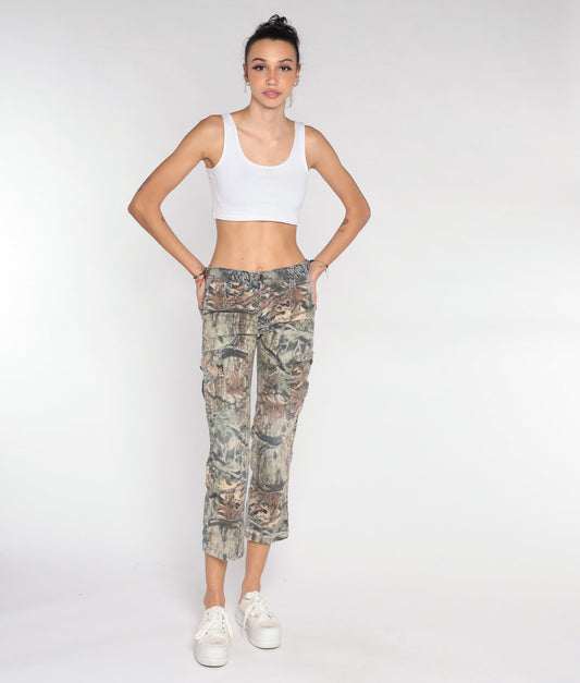 90s Camo Leaf Print Cropped Trousers Skinny Ankle Brown Extra Small