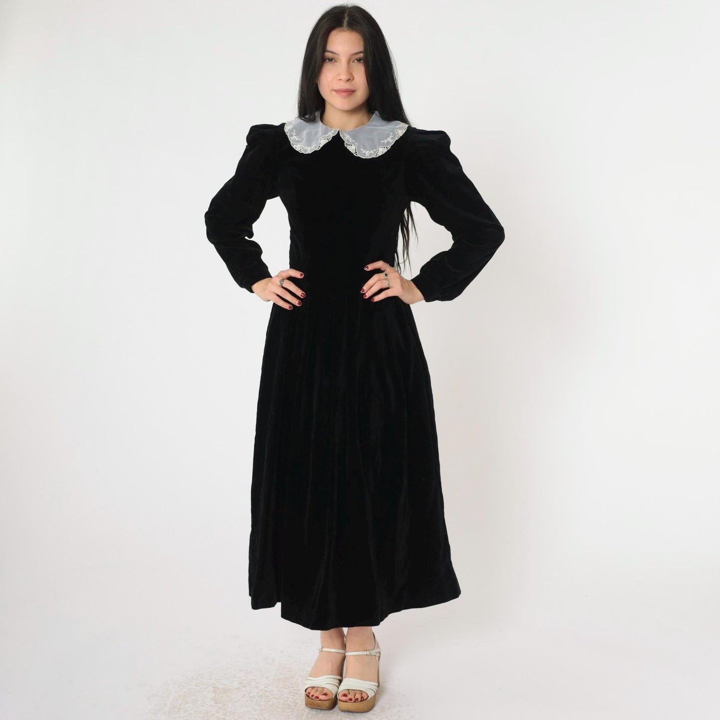 80s Laura Ashley Mother and Child Black Velvet Midi Dress White Lace Collar Extra Small