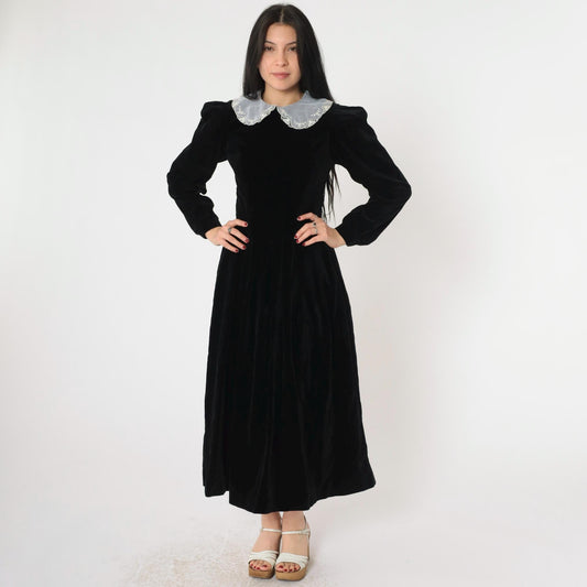 80s Laura Ashley Mother and Child Black Velvet Midi Dress White Lace Collar Extra Small