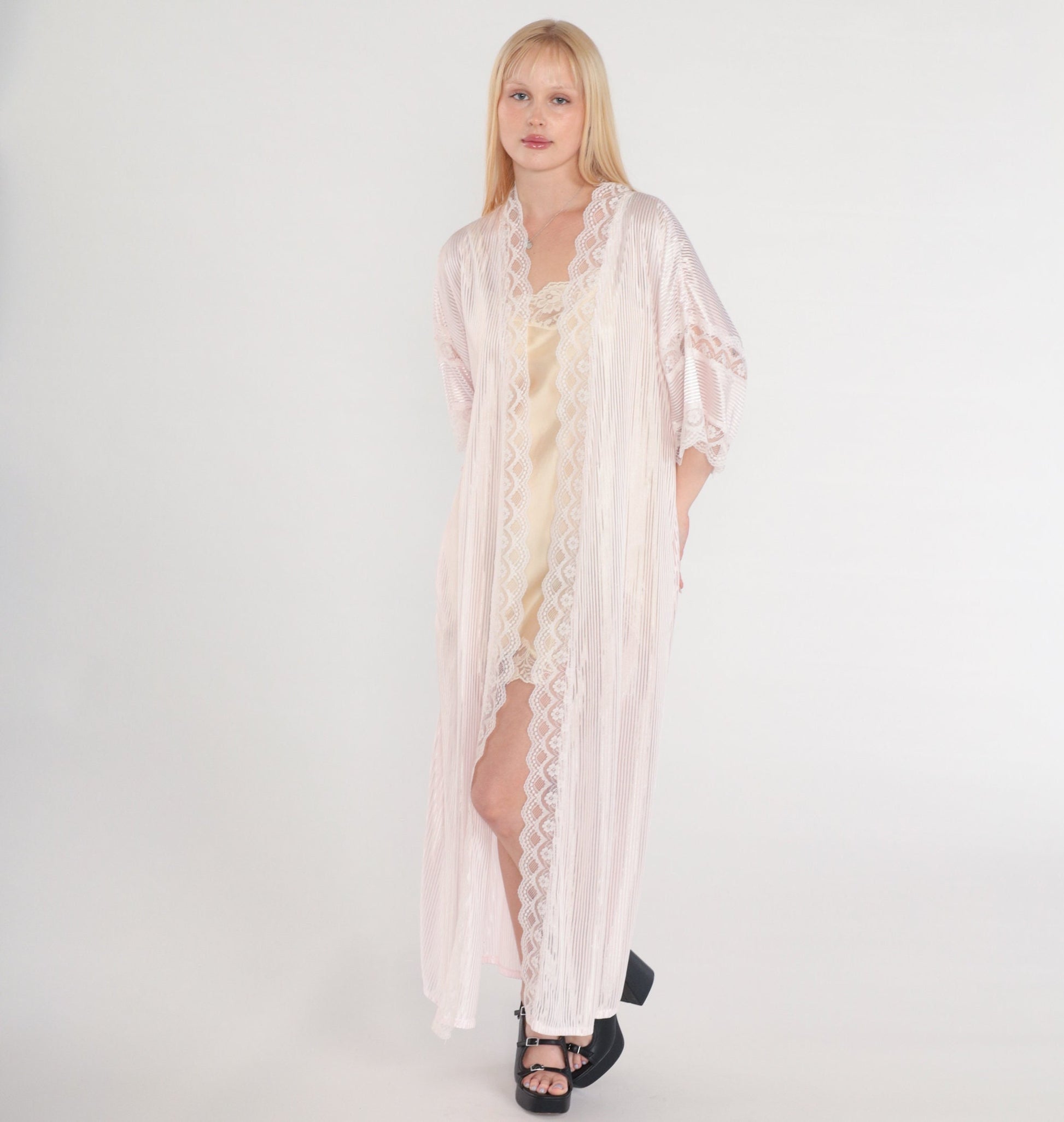 80s Fredricks of Hollywood Pink Lace Maxi Robe Semi-Sheer Open Front Medium