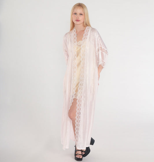 80s Fredricks of Hollywood Pink Lace Maxi Robe Semi-Sheer Open Front Medium
