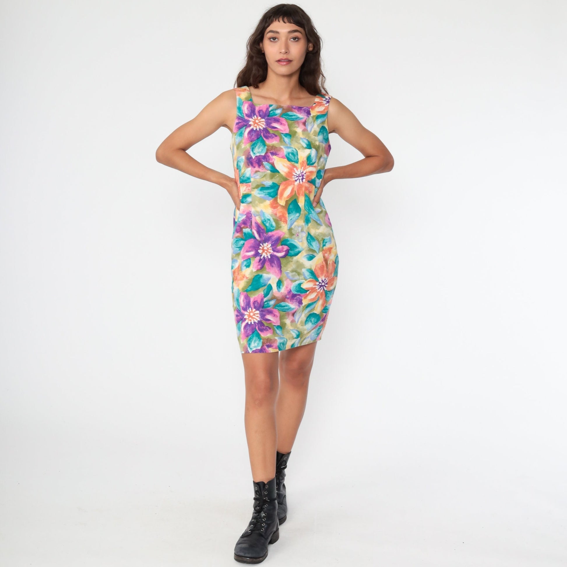 90s Tropical Floral Mini Dress Keyhole Back Sleeveless Sundress Small