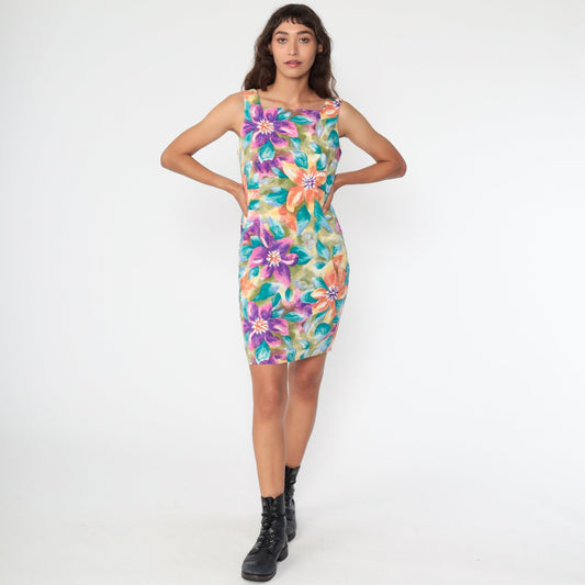 90s Tropical Floral Mini Dress Keyhole Back Sleeveless Sundress Small