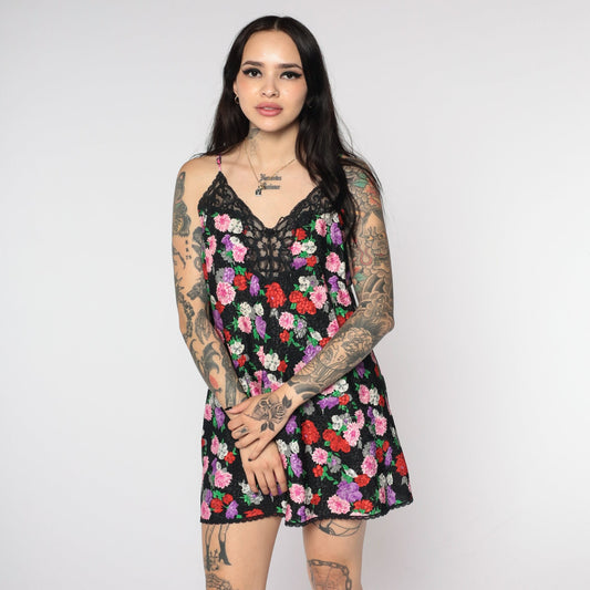 90s Black Floral Embossed Slip Dress Lace Trim Spaghetti Strap Mini Medium