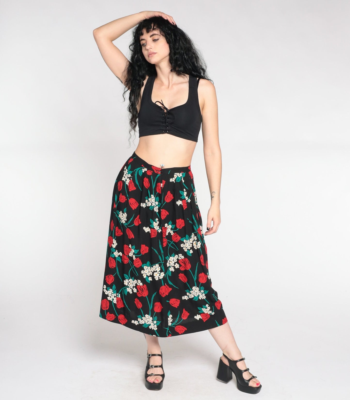 90s Pendleton Floral Midi Skirt Black Red High Waist Small