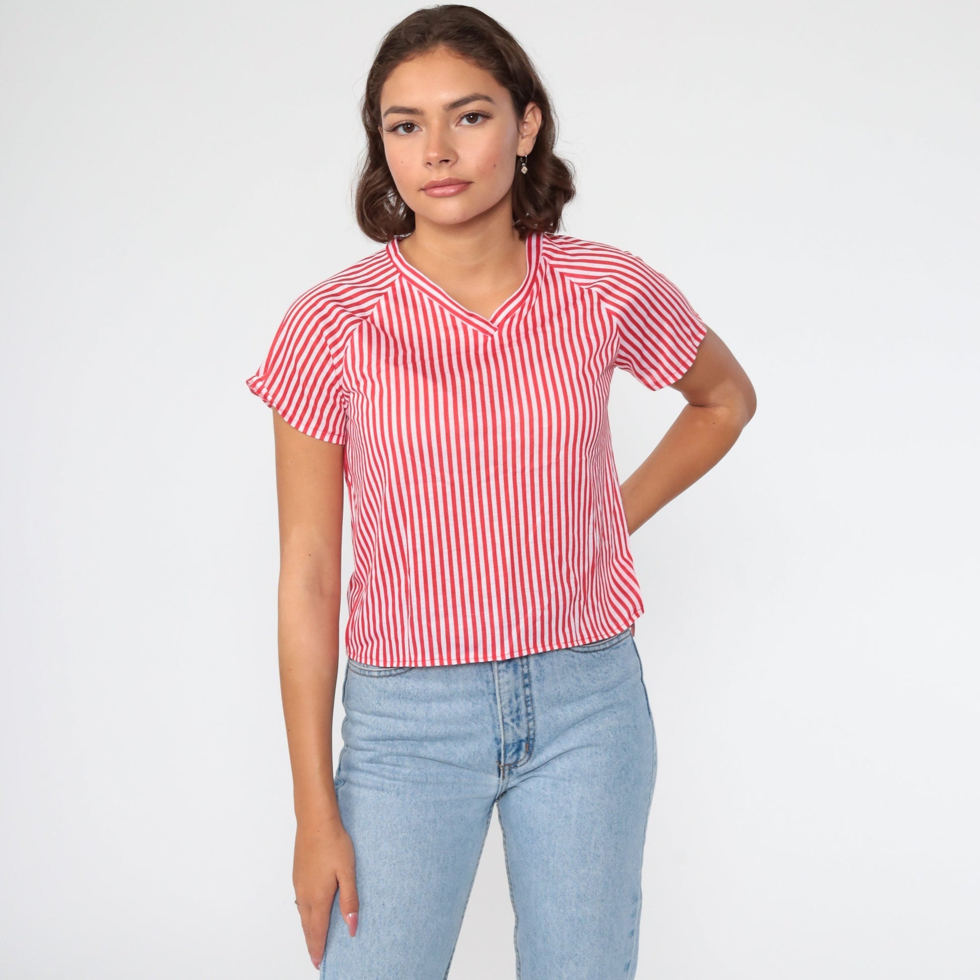 80s Red White Striped V-Neck Raglan Sleeve Top Extra Small