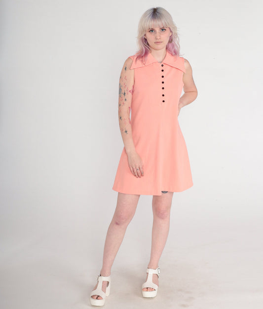 70s Peach Mod Mini Shift Dress Button-Up Sleeveless Collared Medium