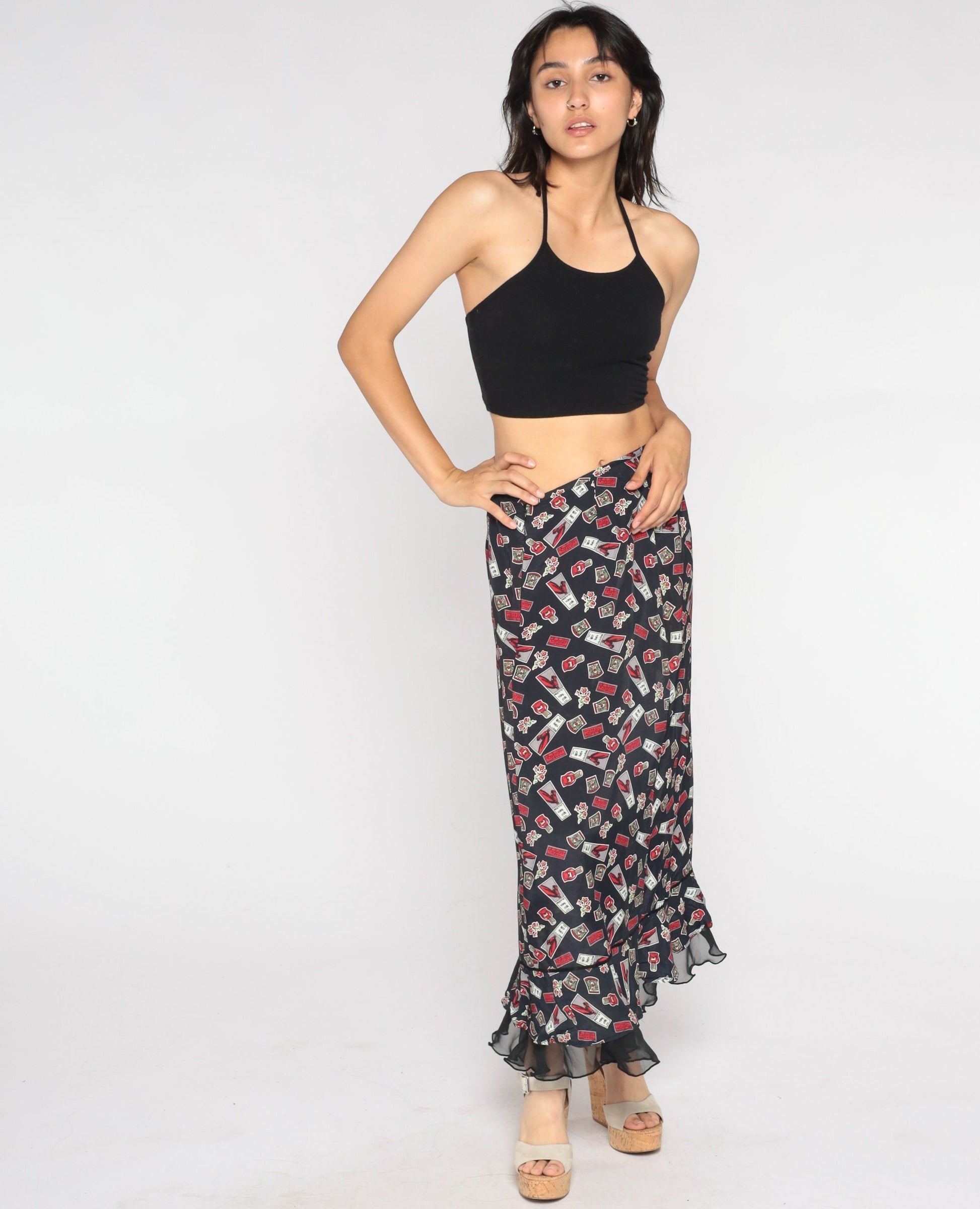 00s Wild Horse Maxi Skirt Black High Waist Ruffled Hem Small
