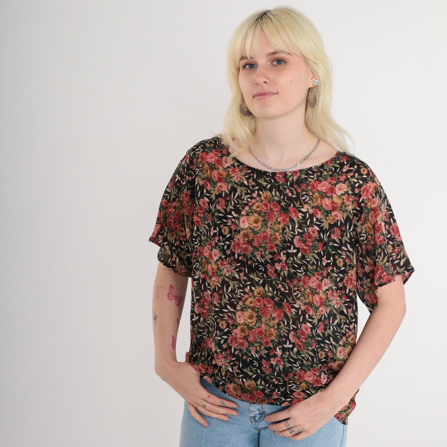 90s Black Floral Rose Print Blouse Short Sleeve Top Large L