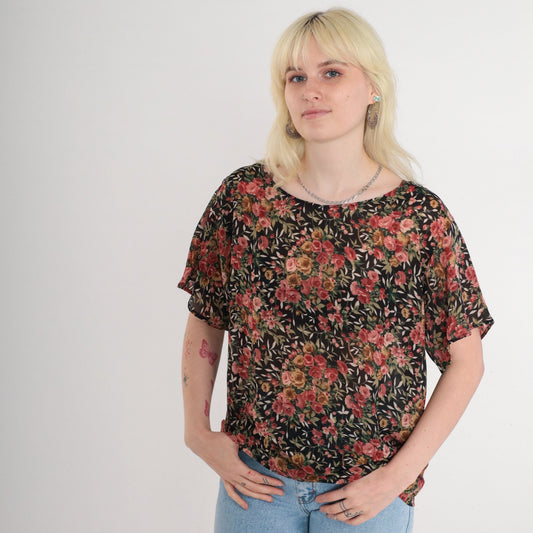 90s Black Floral Rose Print Blouse Short Sleeve Top Large L