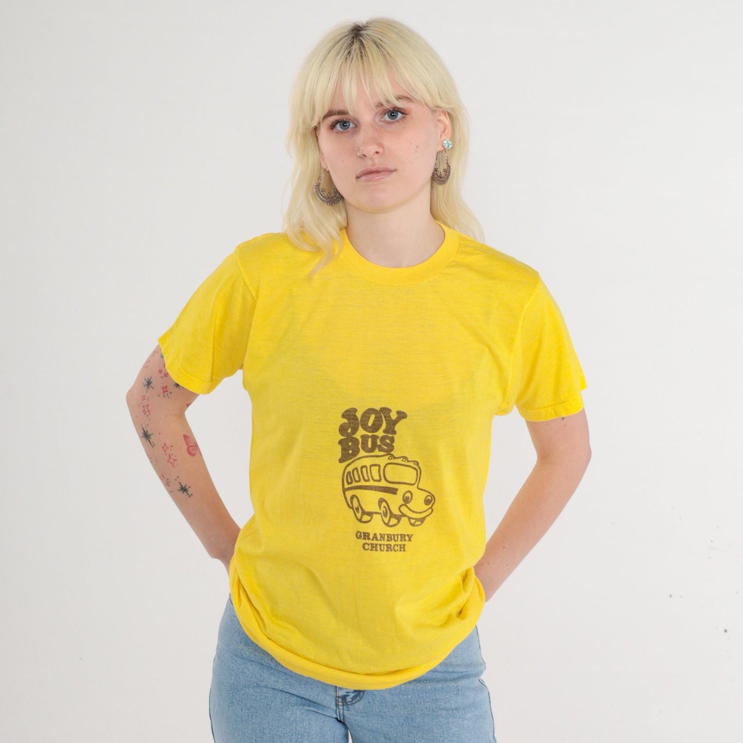 80s Granbury Church Joy Bus Graphic T-Shirt Yellow Christian Tee Medium