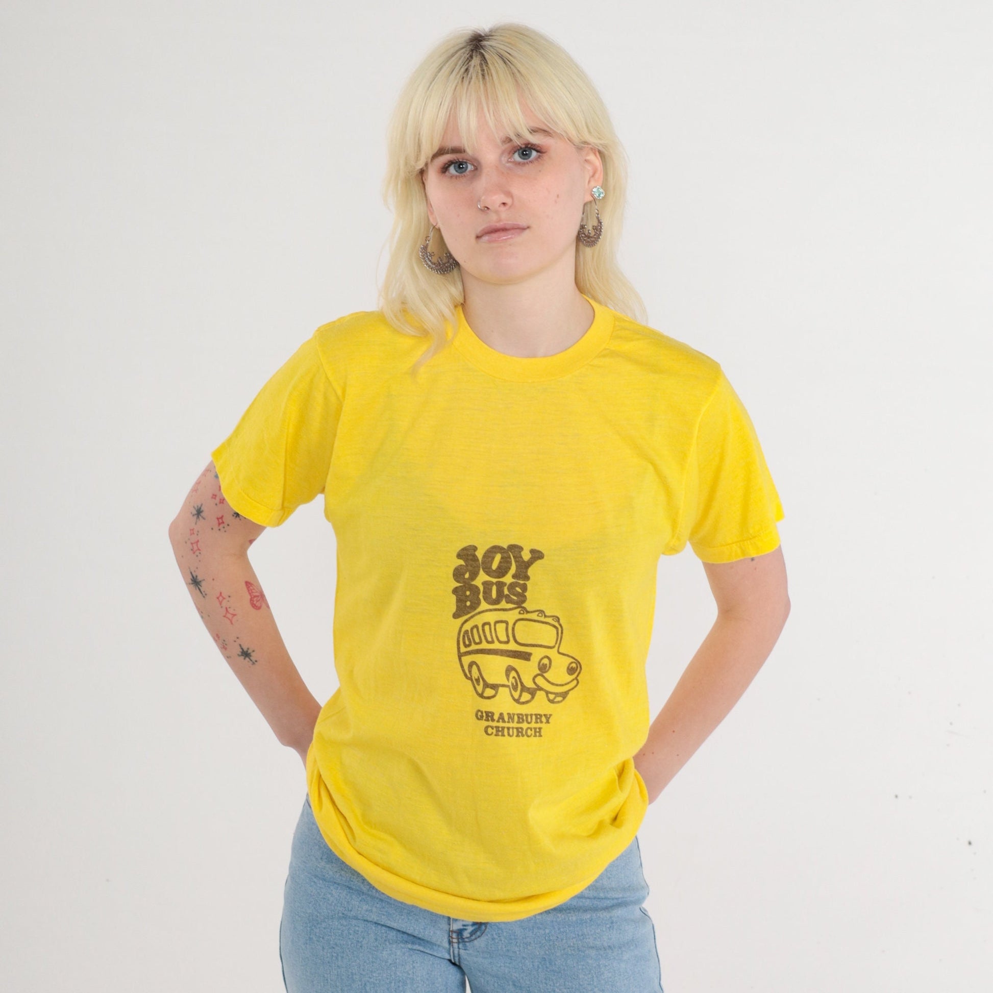 80s Granbury Church Joy Bus Graphic T-Shirt Yellow Christian Tee Medium