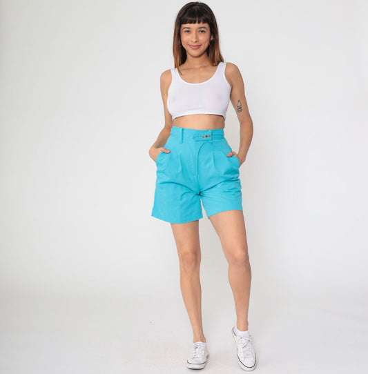 90s Turquoise Pleated High-Waist Shorts Floral Embroidered Small