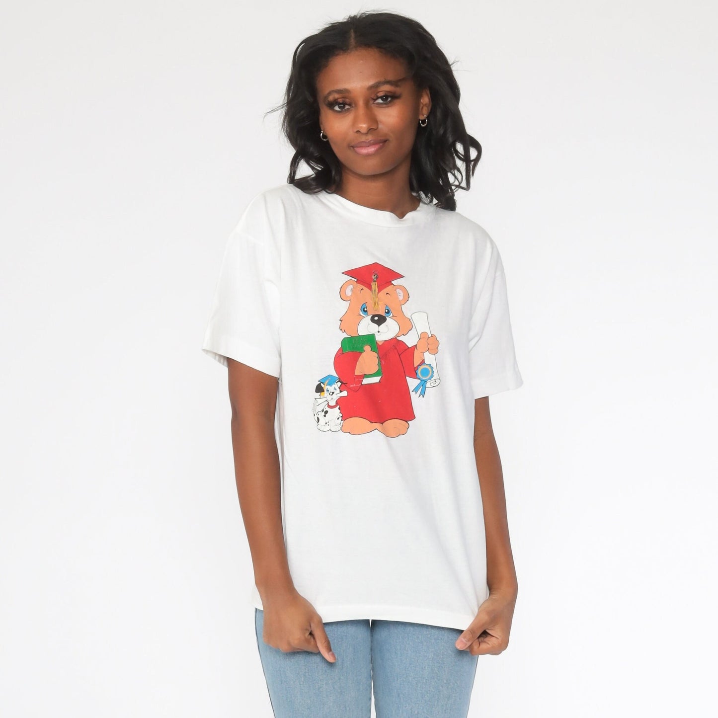 80s Teddy Bear Graduation T-Shirt Cotton Single Stitch White Medium