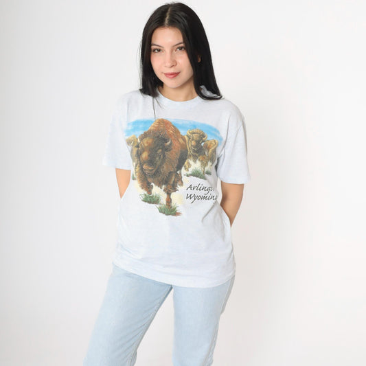 90s Buffalo Arlington Wyoming Graphic T-Shirt Flecked White Blue Small