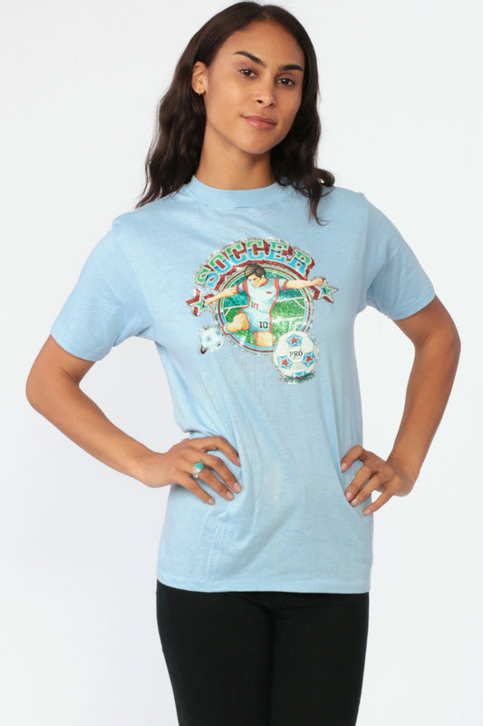 80s Soccer Iron On T-Shirt Baby Blue Graphic Tee Extra Small