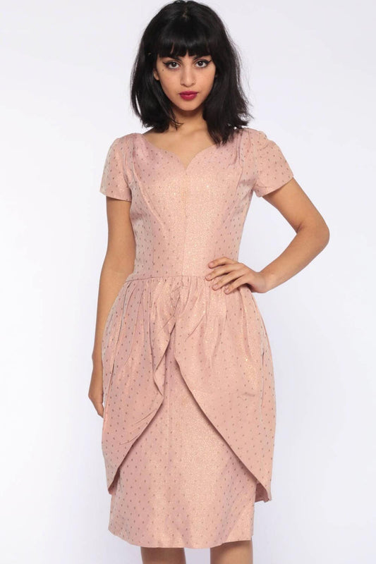 1950s Pink Metallic Tulip Skirt Party Dress Tea Length Extra Small XS