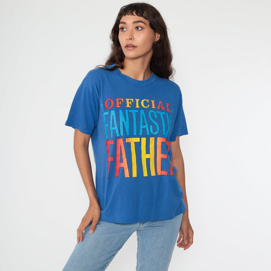80s Official Fantastic Father Graphic T-Shirt Blue Single Stitch Small