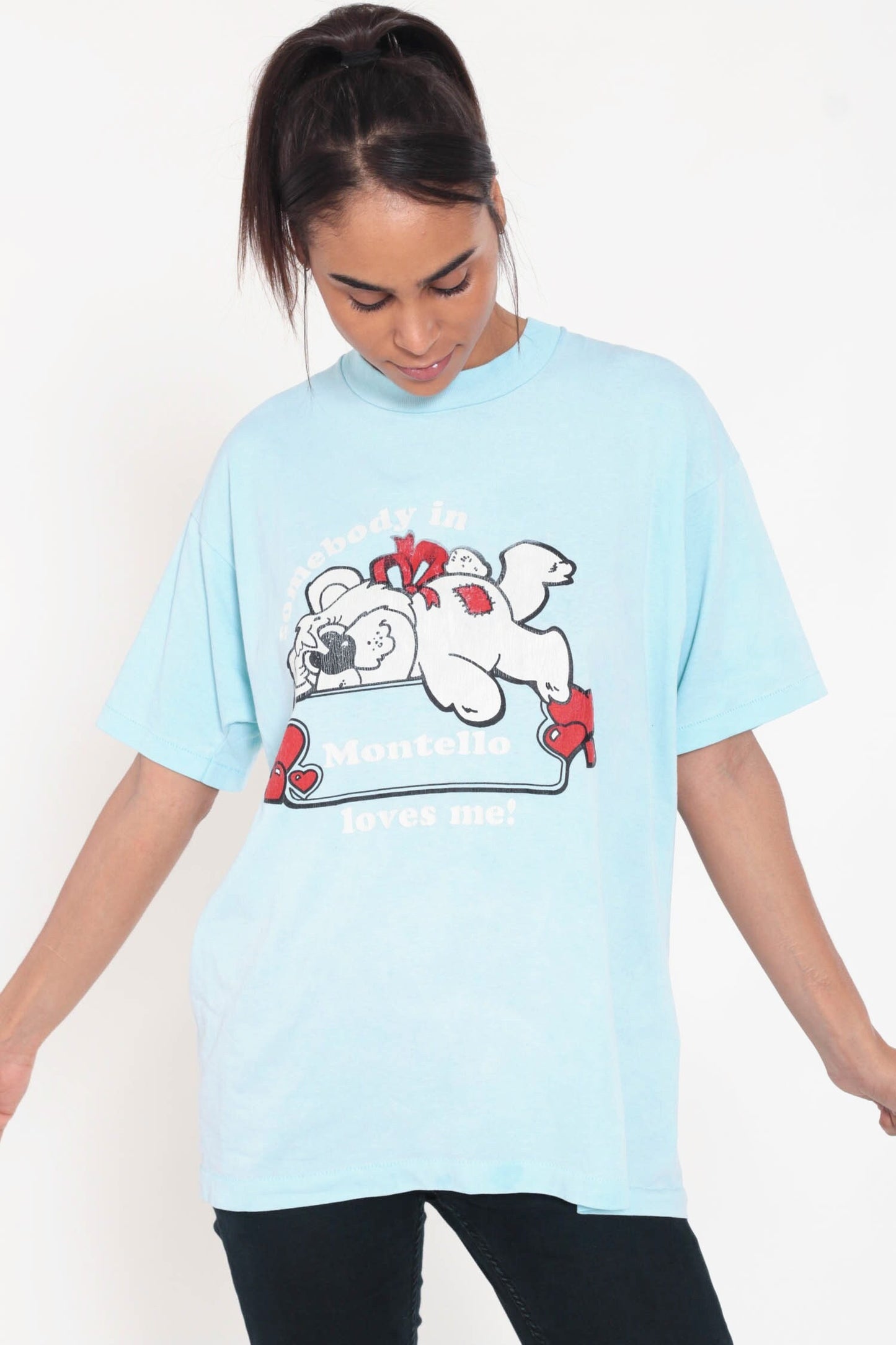 80s Wisconsin Teddy Bear Graphic T-Shirt Montello Baby Blue Extra Large
