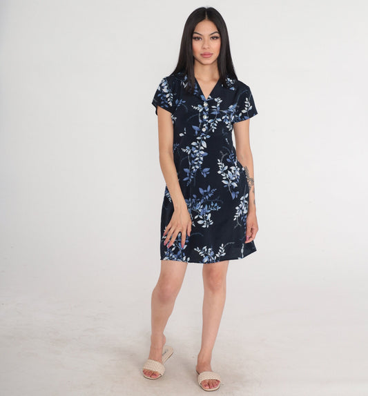 90s Jodi of California Navy Leaf Print Mini Dress Empire Waist Medium