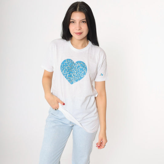 80s White Heart Glitter Hand Painted T-Shirt Single Stitch Crewneck Medium M