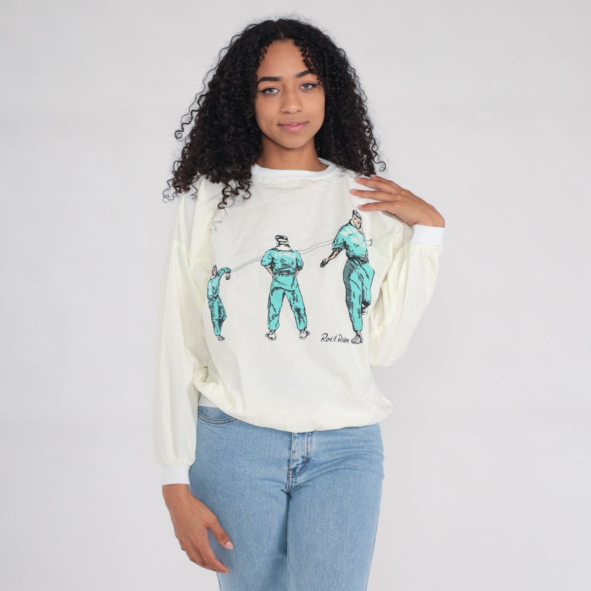 90s Roi & Reine Graphic Sports Shirt Yellow Cotton Long Sleeve Small