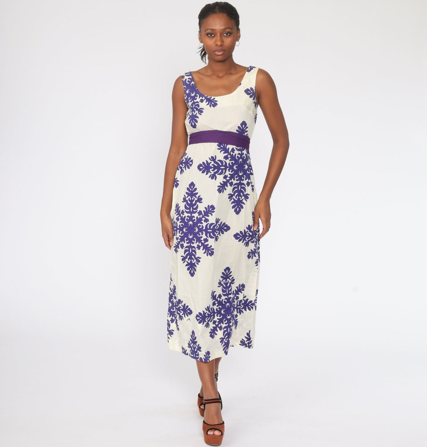70s Floral Midi Dress Empire Waist Sleeveless White Purple Extra Small