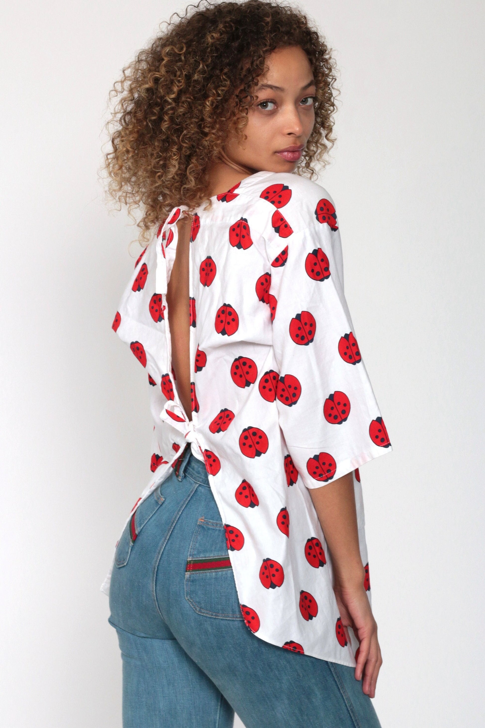 70s Ladybug Print Tunic Blouse Open Back 3/4 Sleeve Extra Small