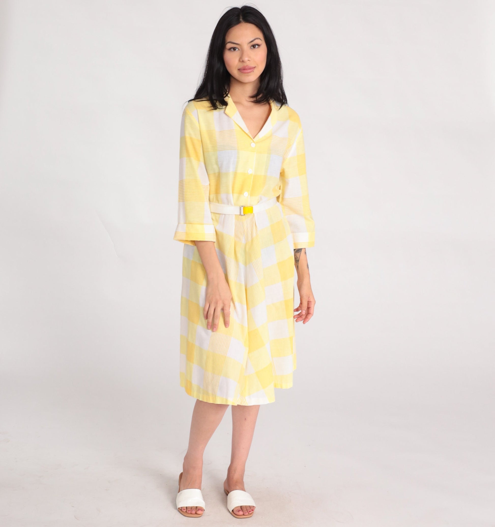 80s Blair Yellow Plaid Midi Shirtdress High Waist Button Up Medium