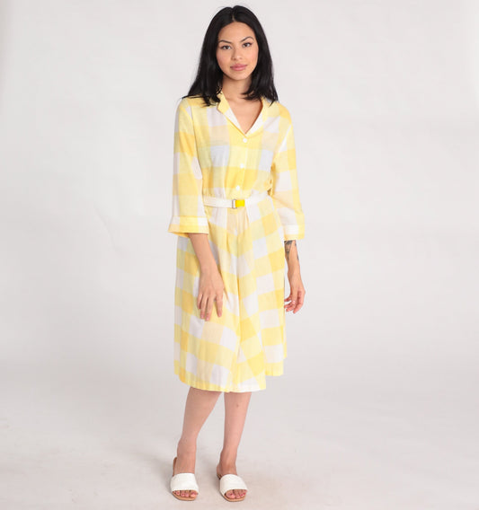 80s Blair Yellow Plaid Midi Shirtdress High Waist Button Up Medium