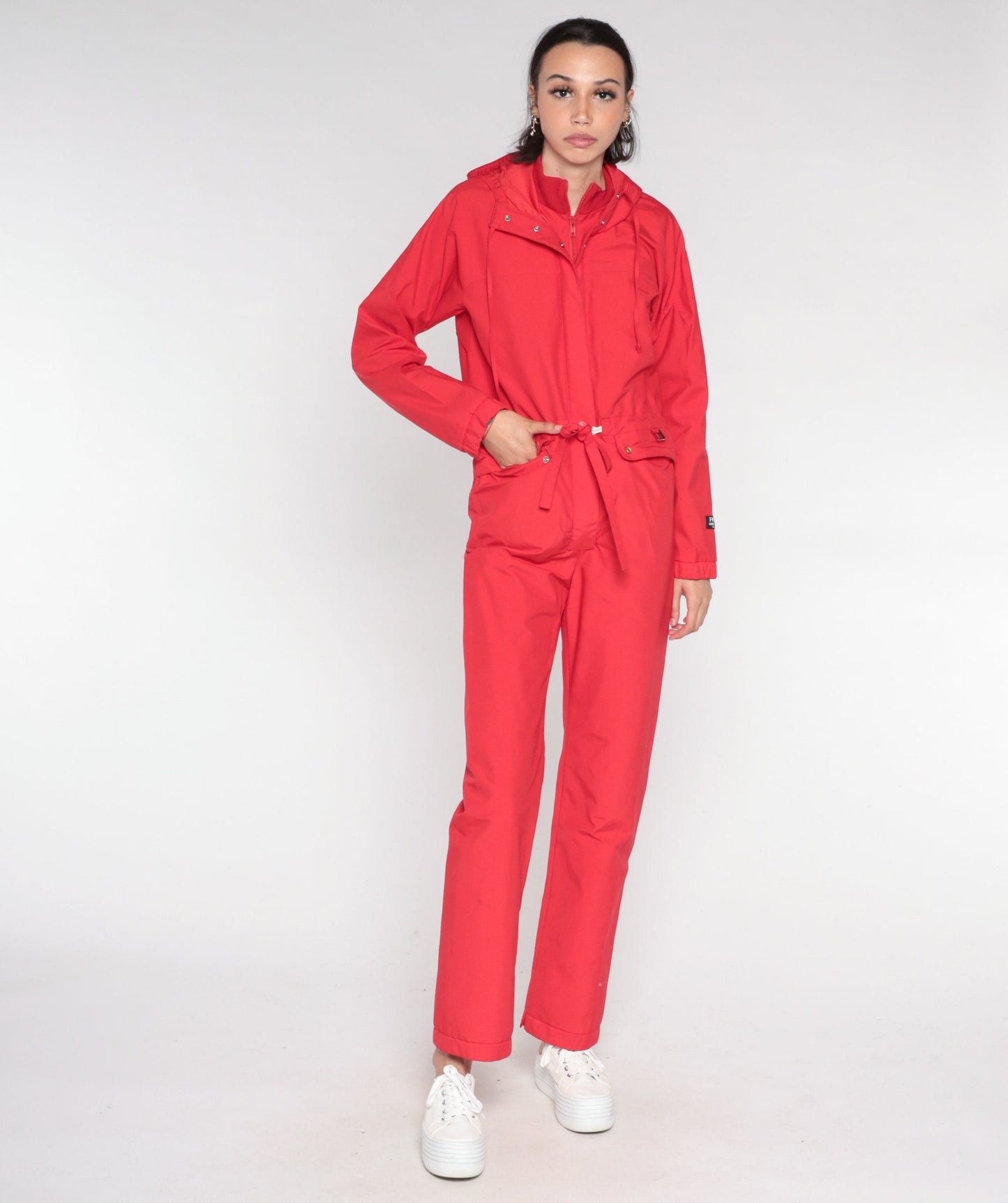 80s Fera Red Gortex Hooded Ski Suit One-Piece Snowsuit Extra Small