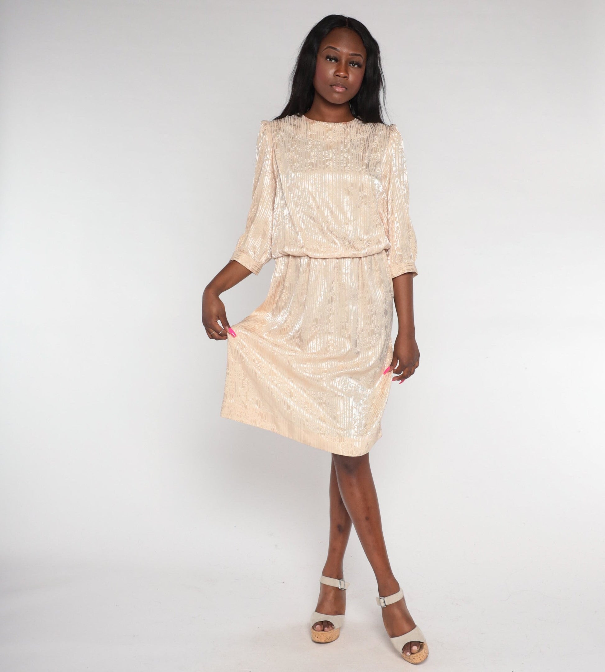 80s Champagne Embossed Floral Midi Dress Puff Sleeve Blouson Medium M