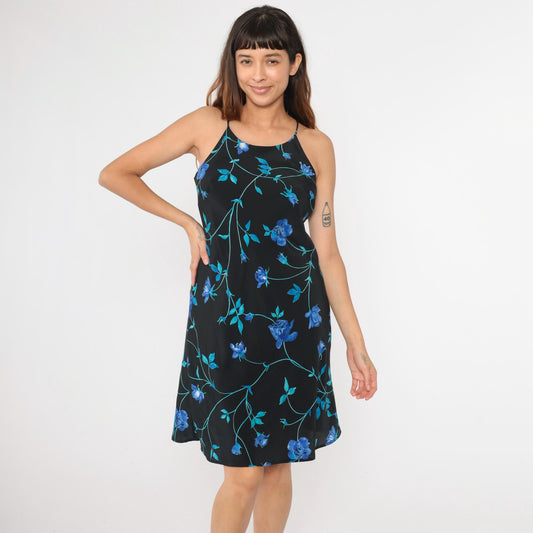 90s Black Floral Mini Dress Spaghetti Strap Shift Racerback Sleeveless Medium