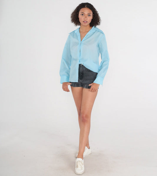 70s Blue Dagger Collar Button-Up Blouse Long Sleeve Semi-Sheer Medium
