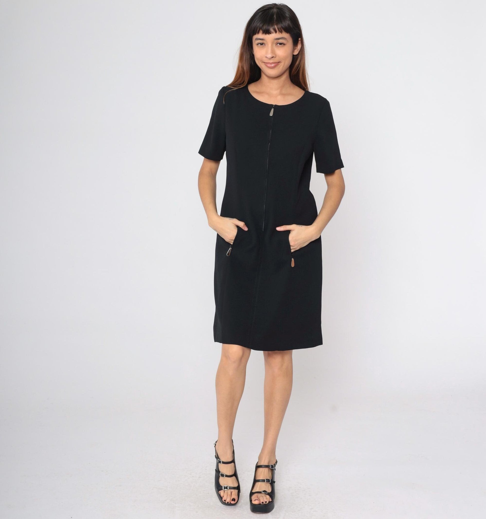 90s Carole Little Black Zip Mini Dress Shift Cut Pockets Medium