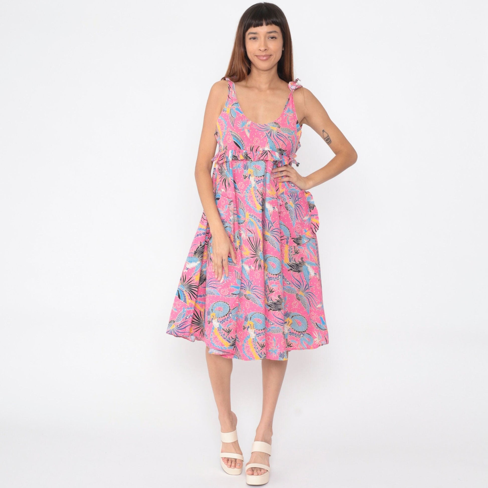 80s Dragon Phoenix Bird Print Pink Midi Sundress Empire Waist Small