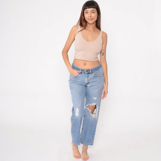 90s Lee Jeans Mid Rise Straight Leg Ripped Knee Blue Denim Medium