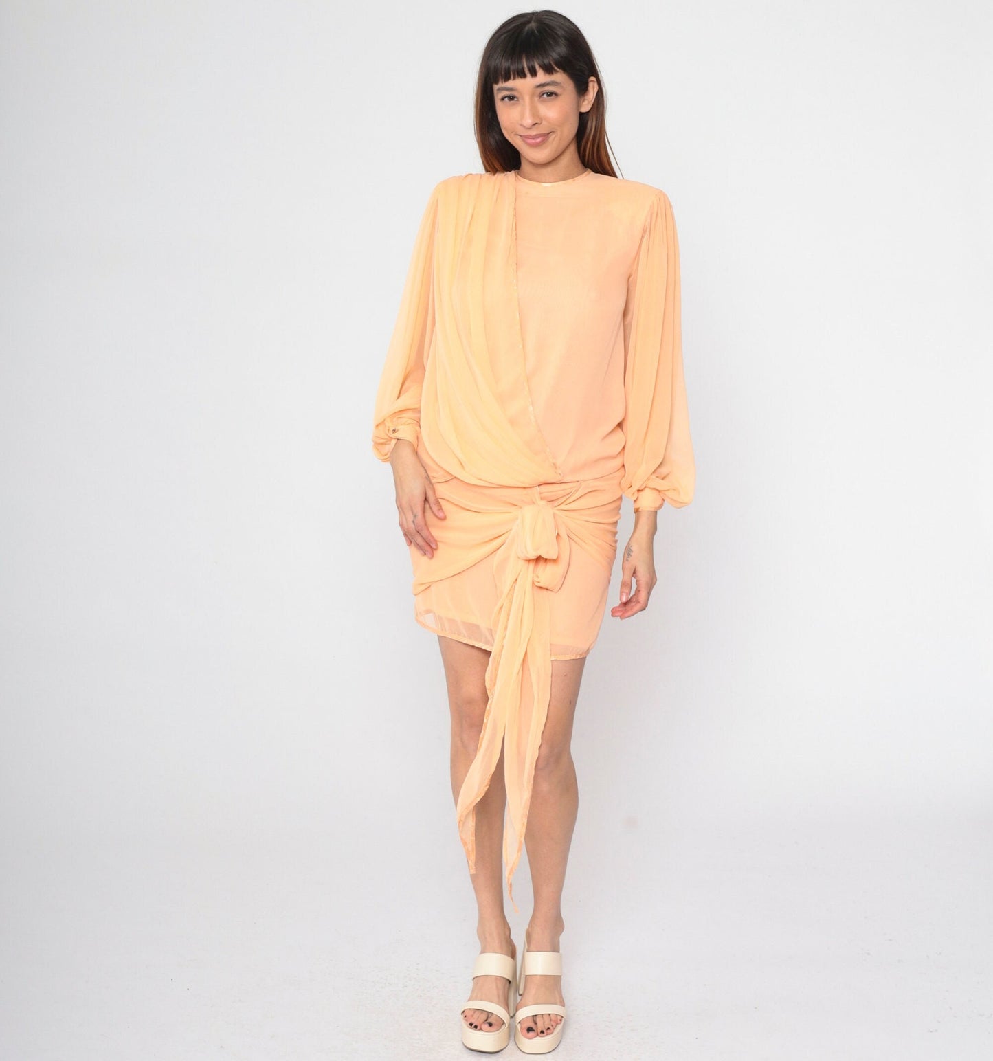 80s Peach Chiffon Shift Dress Puff Sleeve Draped Bodice Small