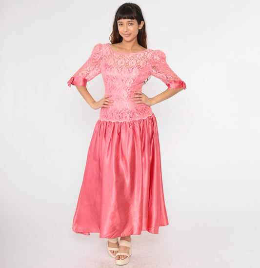 80s Pink Satin Lace Puff Sleeve Maxi Dress Drop Waist Low Back Small