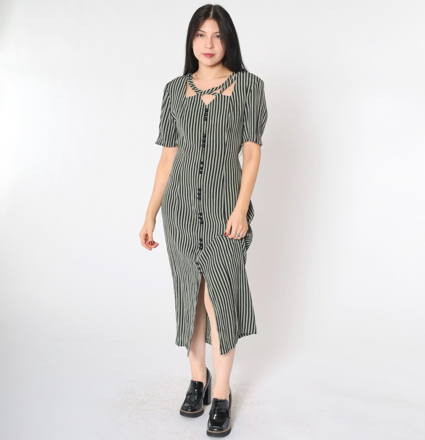 90s Kathie Lee Striped Cage Neck Midi Dress Black Grey Button Up Medium 8