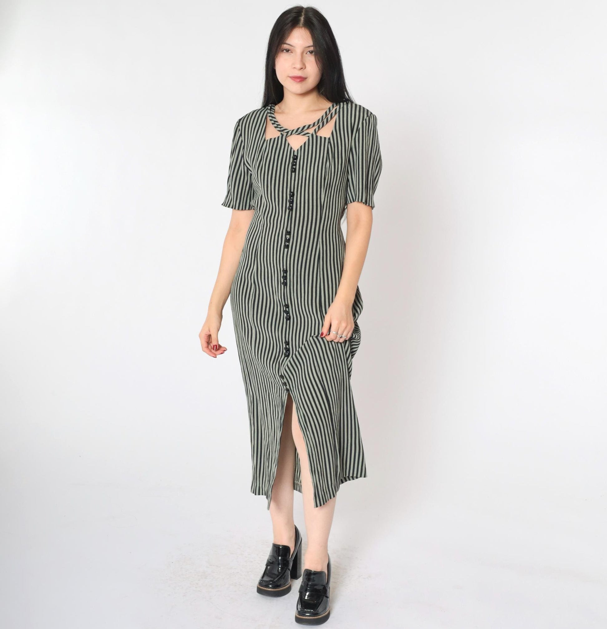 90s Kathie Lee Striped Cage Neck Midi Dress Black Grey Button Up Medium 8