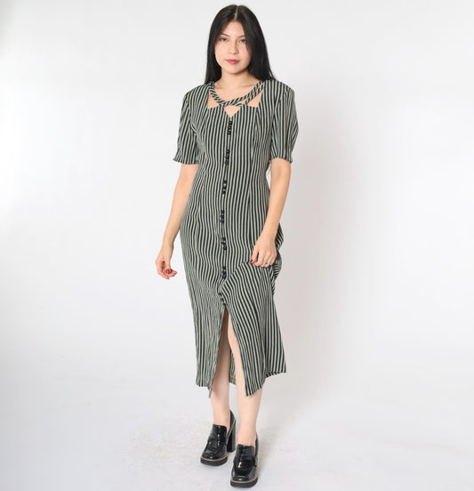 90s Kathie Lee Striped Cage Neck Midi Dress Black Grey Button Up Medium 8