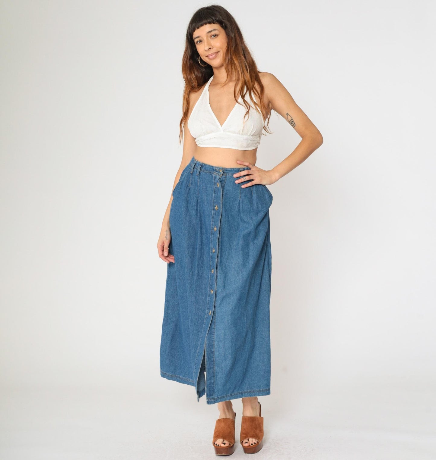 90s Marisa Canvas Denim Maxi Skirt Button Front High Waist Blue Small 6