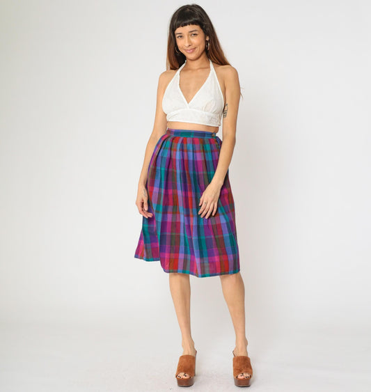 80s John Meyer Checkered Wool Midi Skirt High Waist Pleated Purple Blue Extra Small