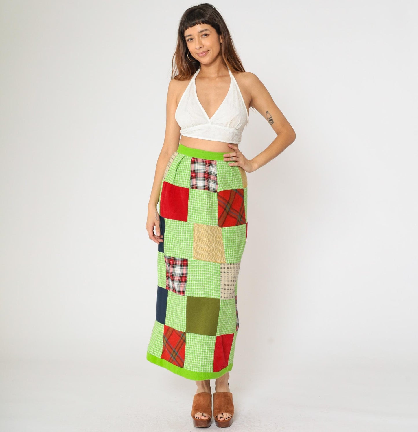 1970s Patchwork Plaid Maxi Skirt Lime Green Checkered Small