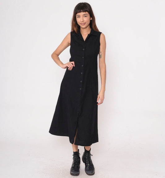 Y2K Black Linen Rayon Button-Up Midi Dress Cutout Back Small S
