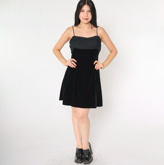90s Black Velvet Chiffon Mini Dress Spaghetti Strap Train Medium 8
