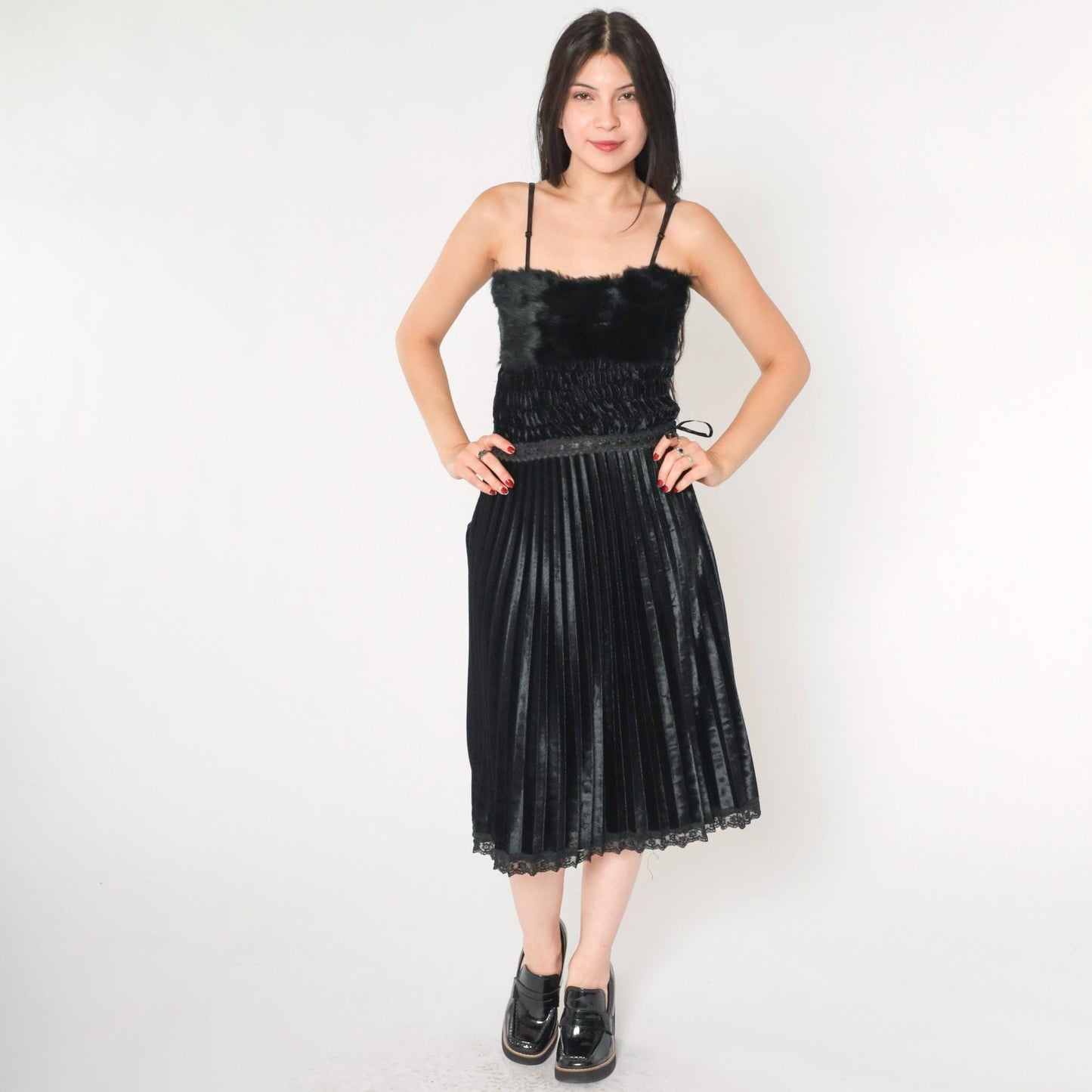 Y2K Black Velour Midi Dress Faux Fur Lace Spaghetti Strap Extra Small XS